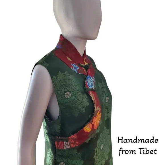 Handmade Tibetan | Women's Silk Vest | Green Damask Red Trim | Small - Picture 2 of 6